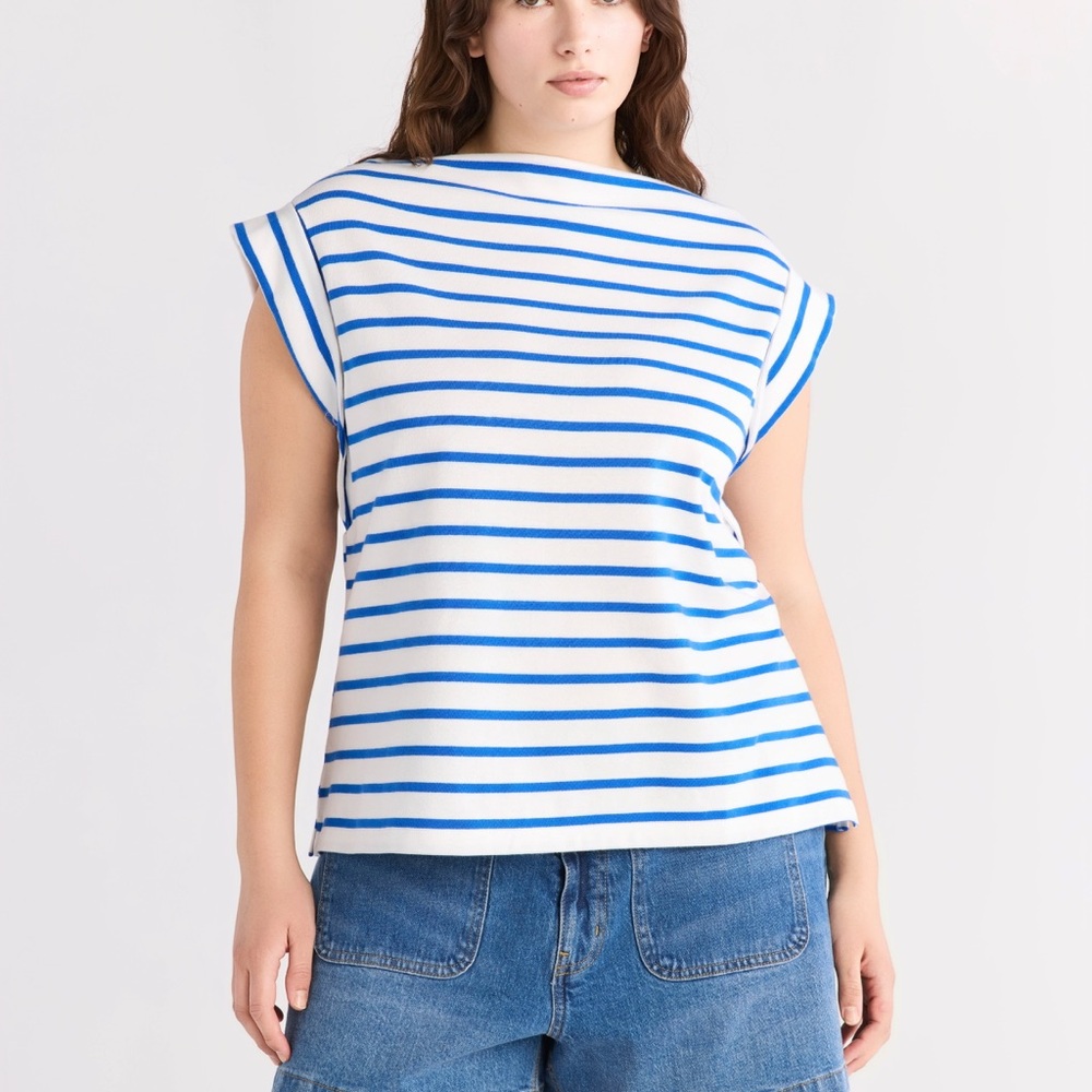 Free Assembly Boatneck Blue and White Striped Cap-Sleeve Top